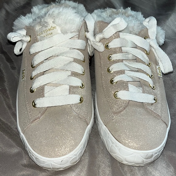 Kate Spade Keds Tan Sparkle Fur Trim Slip On Tennis Shoes size 7 - Picture 5 of 9